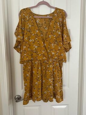 Boohoo Mustard Floral Ruffle Wrap Mini Dress